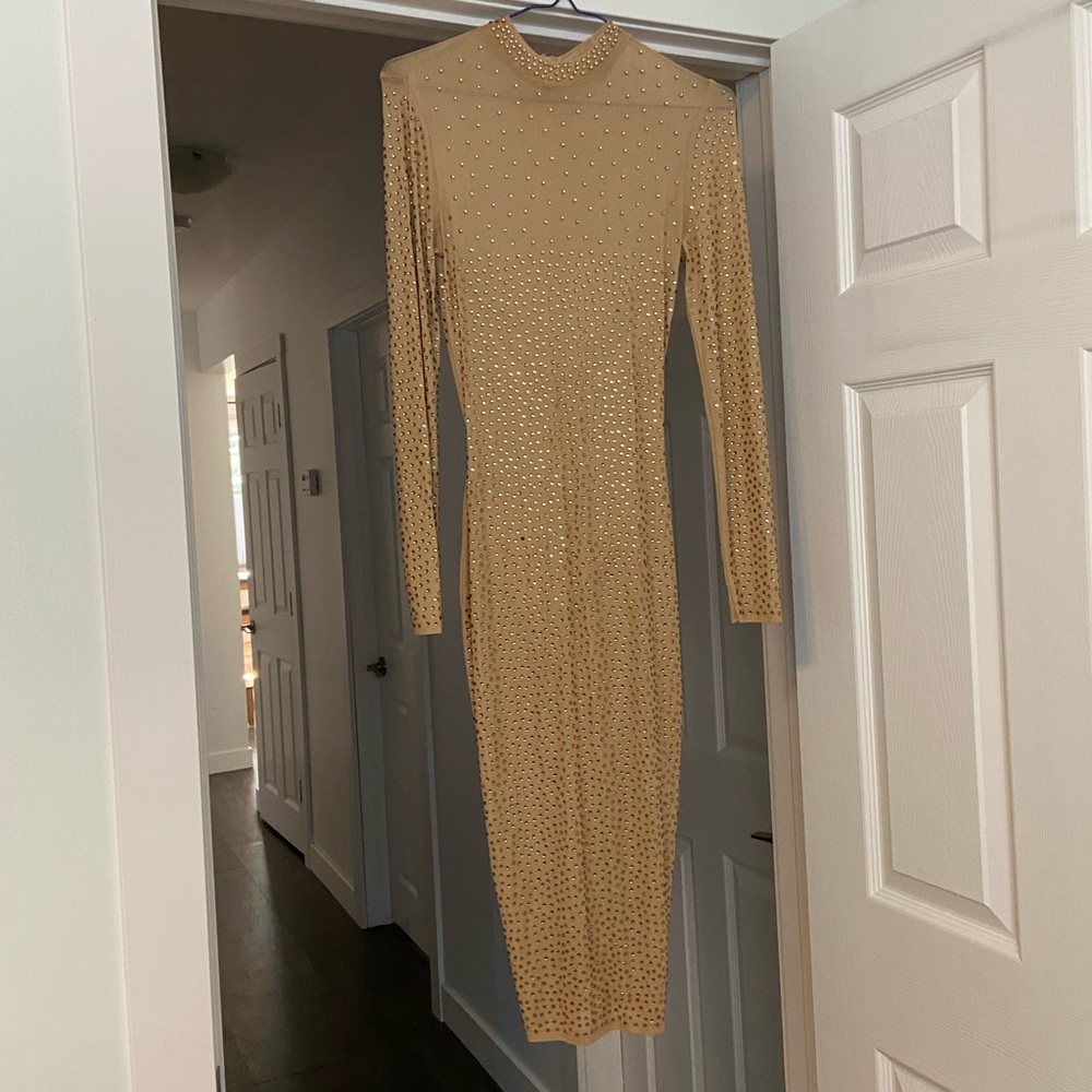 Nude mesh long sleeve midi